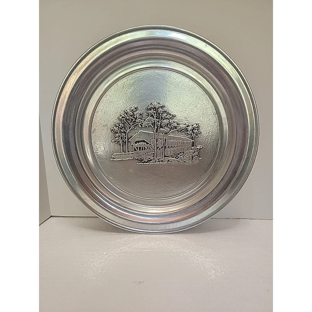 Vintage Wilton Armetale Pewter Wall Art Hanging Plate Covered Bridge USA